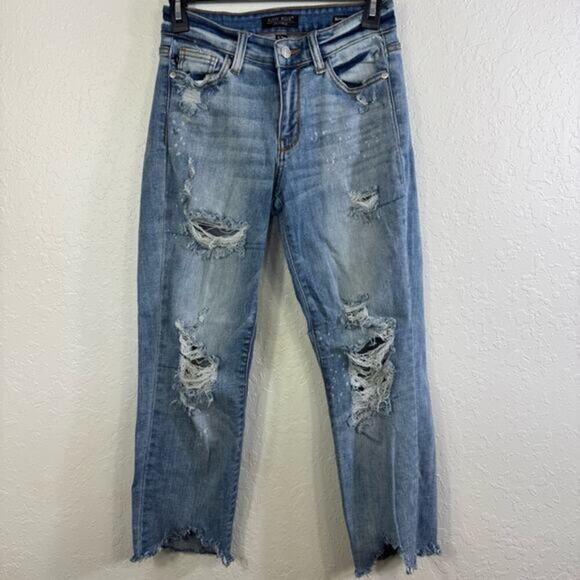 Judy Blue jean bleach splatter ripped raw hem size 1 denim Distressed Blue Jeans - Picture 2 of 12